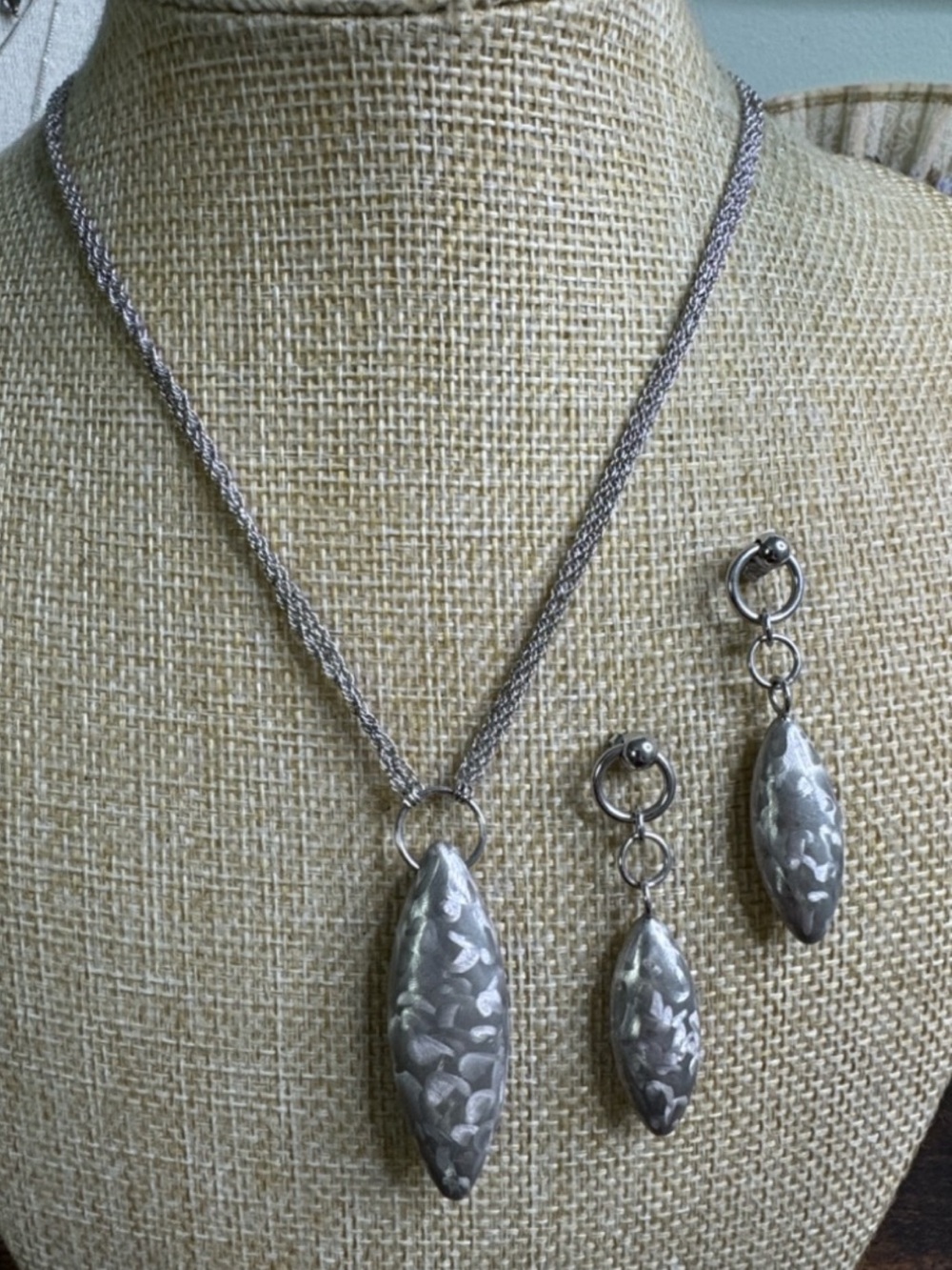 Frederic Duclos Sterling Silver Oval Pendant Necklace & Earrings Set Italy